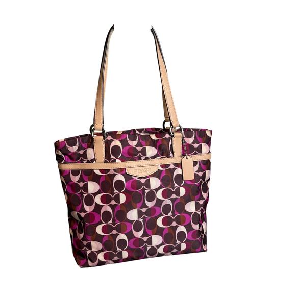 Coach Signature Stripe Multi Dream C Tote No. F33295*Beautiful Satin Leather bag - Picture 1 of 13